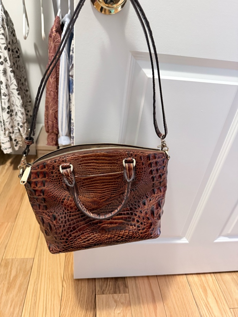 Brahmin Chestnut Croc-Embossed Satchel with Gold Hardware - Picture 5 of 7